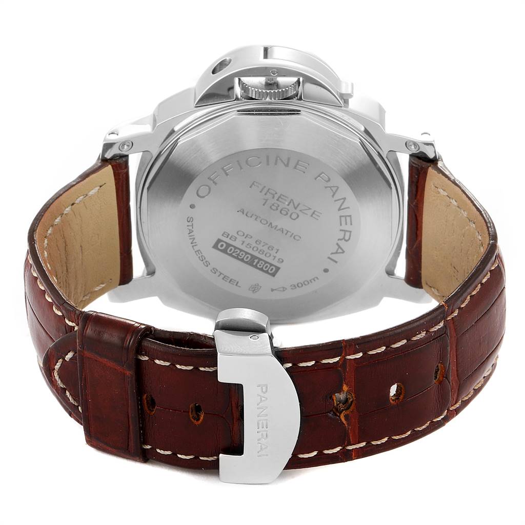 This image shows the back view of the Panerai Luminor PAM00088 Men
s Stainless Steel Black Dial PAM00088 Men
s Stainless Steel Black Dial watch, highlighting its case back, crown guard, and leather strap with a deployment clasp.