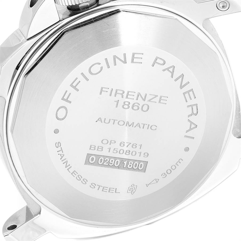 This image shows the back case of a Panerai Luminor PAM00088 Men
s Stainless Steel Black Dial PAM00088 Men
s Stainless Steel Black Dial watch, displaying model details and serial numbers.