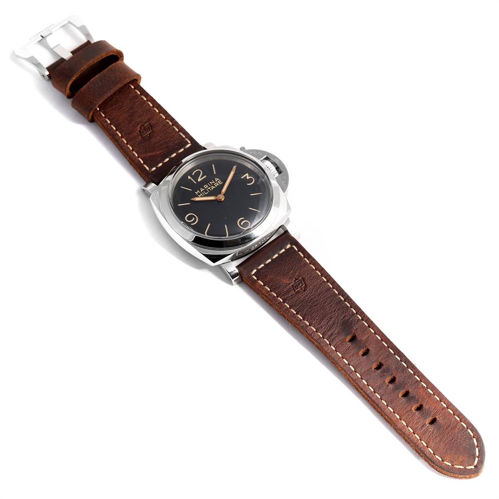 The image shows a Panerai Luminor PAM00673 Men's Stainless Steel Black Dial PAM00673 Men's Stainless Steel Black Dial watch angled diagonally, highlighting its dial, case, and brown leather strap.