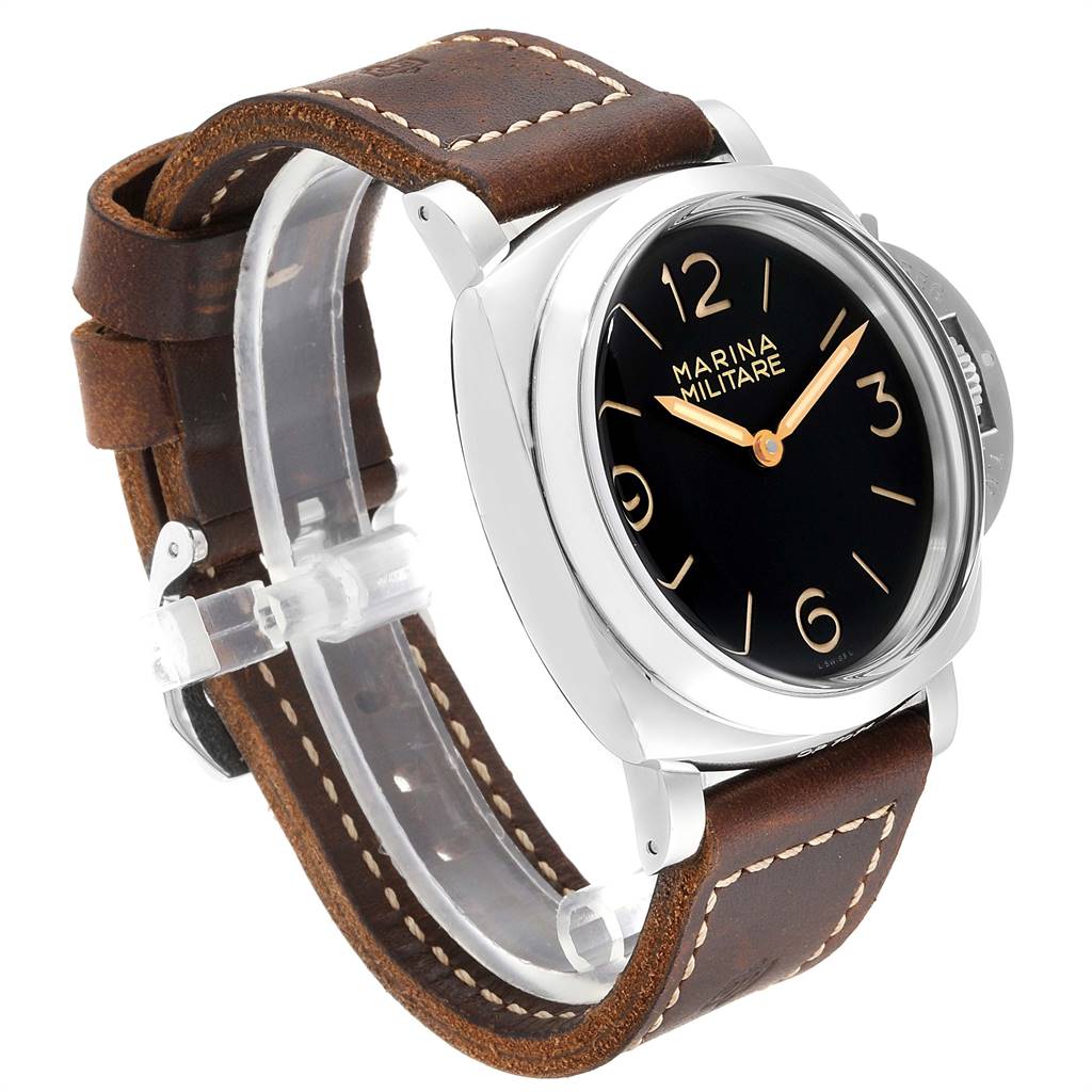 The Panerai Luminor PAM00673 Men's Stainless Steel Black Dial PAM00673 Men's Stainless Steel Black Dial watch is shown at a three-quarter angle displaying the black dial, brown leather strap, and silver case.