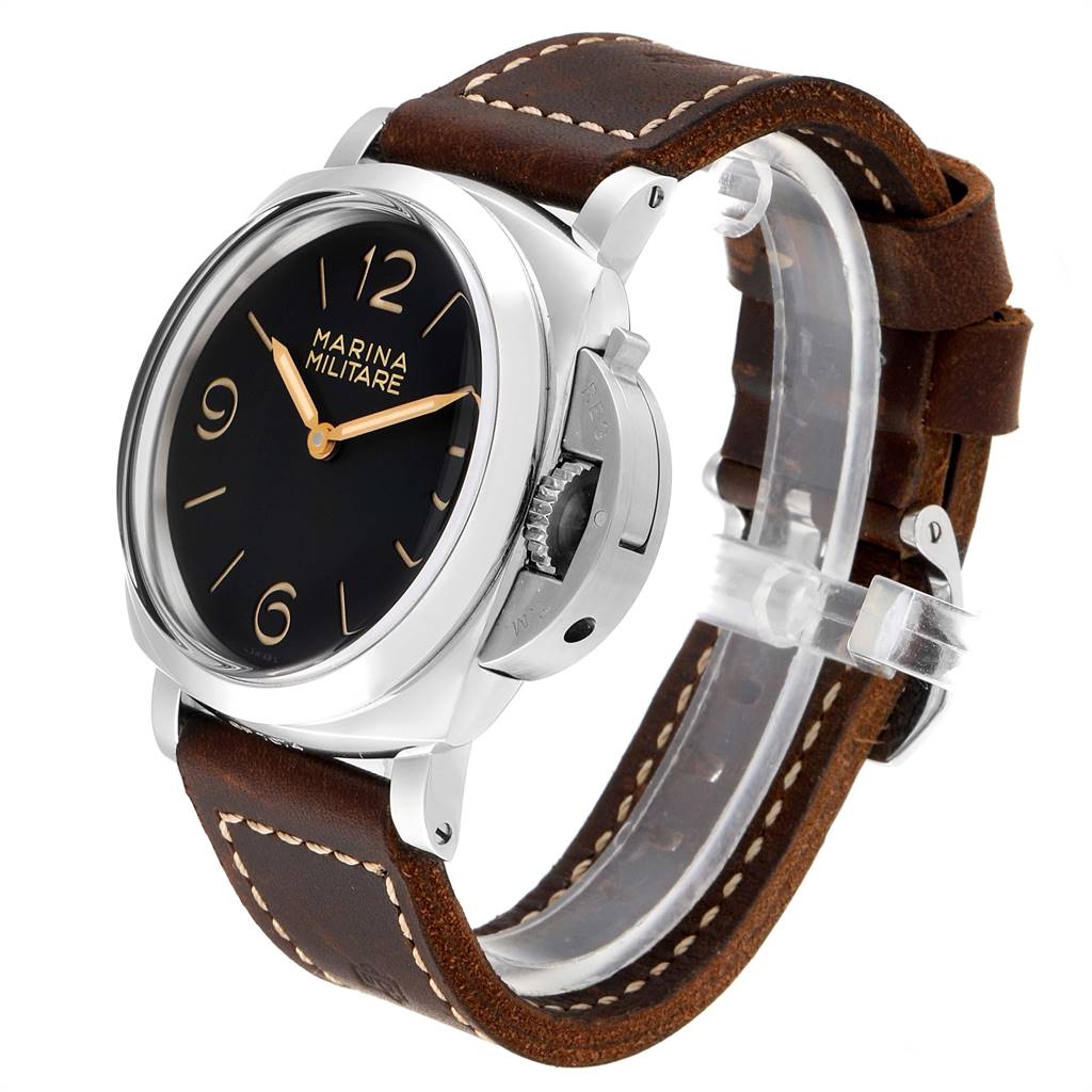 The image shows a side angle of the Panerai Luminor PAM00673 Men's Stainless Steel Black Dial PAM00673 Men's Stainless Steel Black Dial Marina Militare watch, highlighting its case, crown guard, and leather strap.