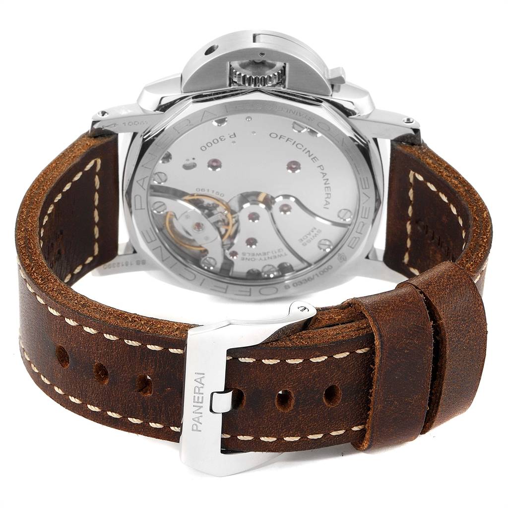 The image shows the back view of a Panerai Luminor PAM00673 Men's Stainless Steel Black Dial PAM00673 Men's Stainless Steel Black Dial watch, featuring its movement, leather strap, and buckle.