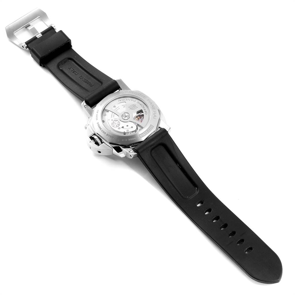 The image shows the back of a Panerai Luminor PAM00531 Men
s Stainless Steel Black Dial PAM00531 Men
s Stainless Steel Black Dial watch, highlighting the movement and black rubber strap.