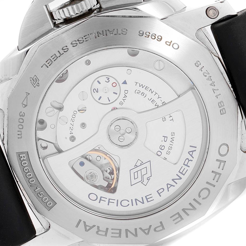 This image shows the back case and internal mechanism of a Panerai Luminor PAM00531 Men
s Stainless Steel Black Dial PAM00531 Men
s Stainless Steel Black Dial watch at an angled view.