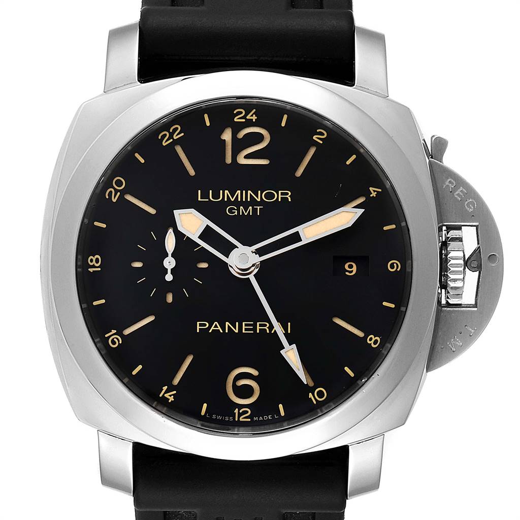 The image shows a front view of a Panerai Luminor PAM00531 Men
s Stainless Steel Black Dial PAM00531 Men
s Stainless Steel Black Dial GMT watch, highlighting the dial, hands, crown guard, and strap.