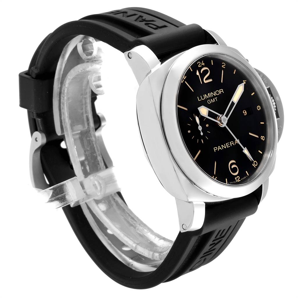 The Panerai Luminor PAM00531 Men
s Stainless Steel Black Dial PAM00531 Men
s Stainless Steel Black Dial watch is shown at an angled side view, highlighting the black dial, bezel, crown guard, and black rubber strap.