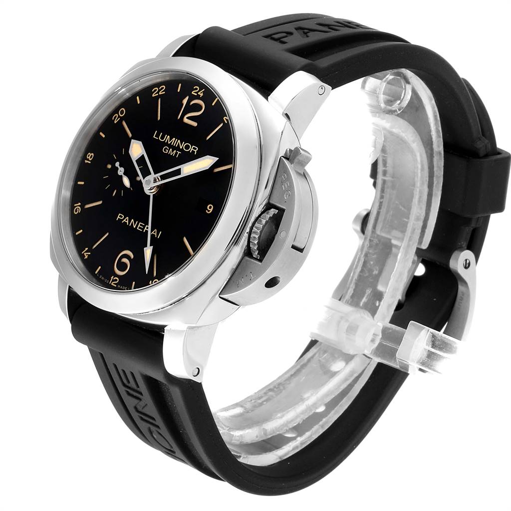The image shows a Panerai Luminor PAM00531 Men
s Stainless Steel Black Dial PAM00531 Men
s Stainless Steel Black Dial GMT watch at an angled side view, highlighting its black dial, strap, and crown protector.