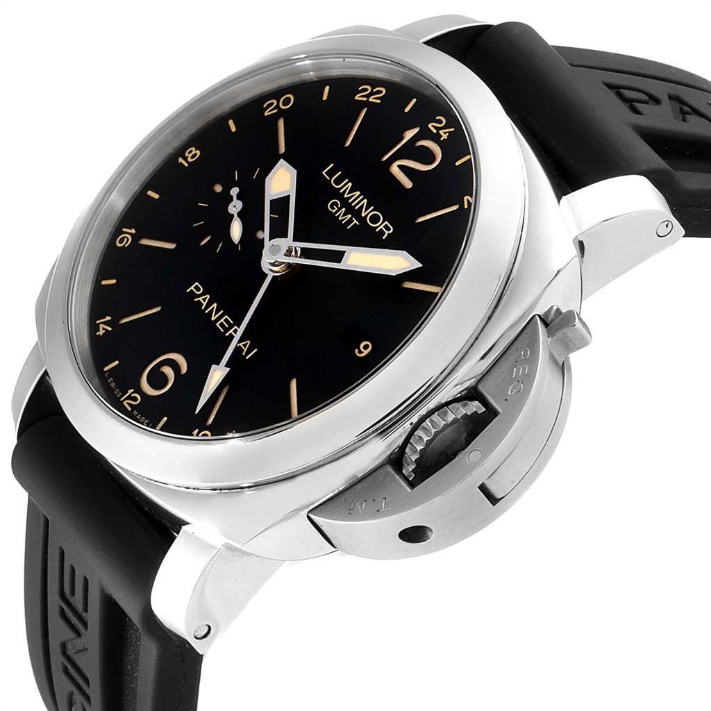 The image shows a Panerai Luminor PAM00531 Men
s Stainless Steel Black Dial PAM00531 Men
s Stainless Steel Black Dial GMT watch at a slight angle, highlighting its black dial, hour markers, and rubber strap.