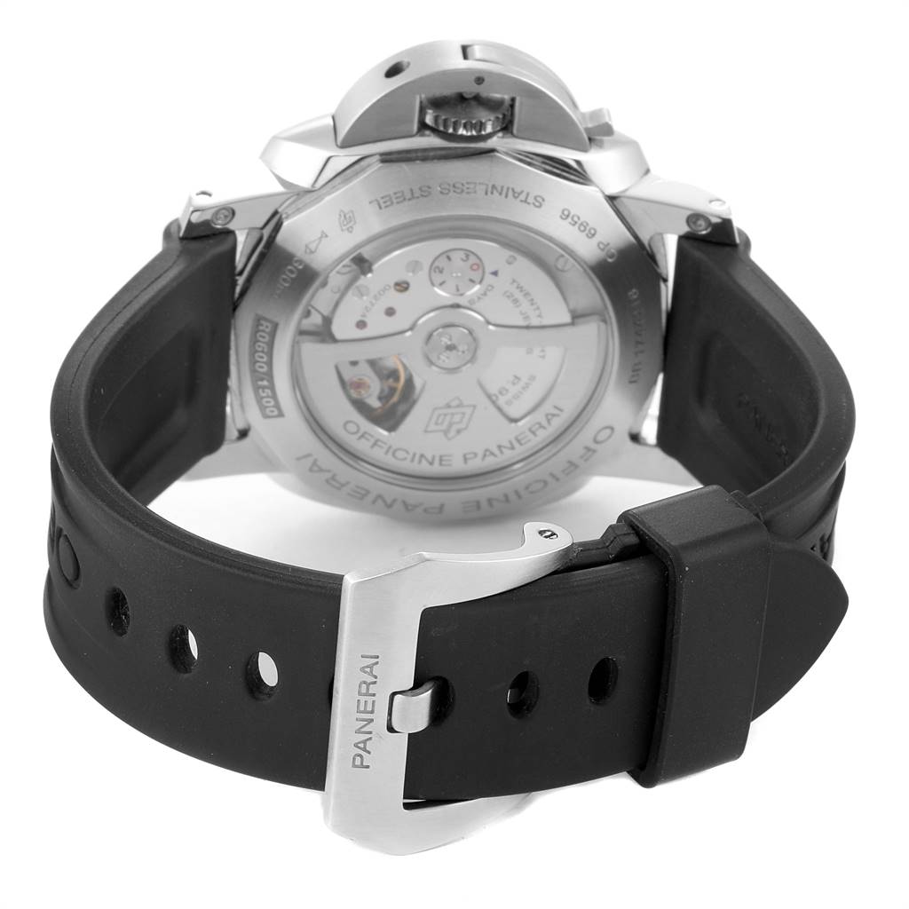 The image shows the back view of a Panerai Luminor PAM00531 Men
s Stainless Steel Black Dial PAM00531 Men
s Stainless Steel Black Dial watch, highlighting the case back, buckle, and black rubber strap.