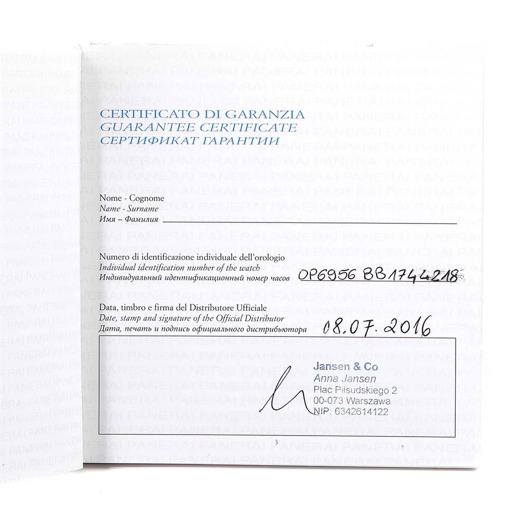 The image shows a Panerai Luminor PAM00531 Men
s Stainless Steel Black Dial PAM00531 Men
s Stainless Steel Black Dial model warranty certificate with the identification number and distributor details.