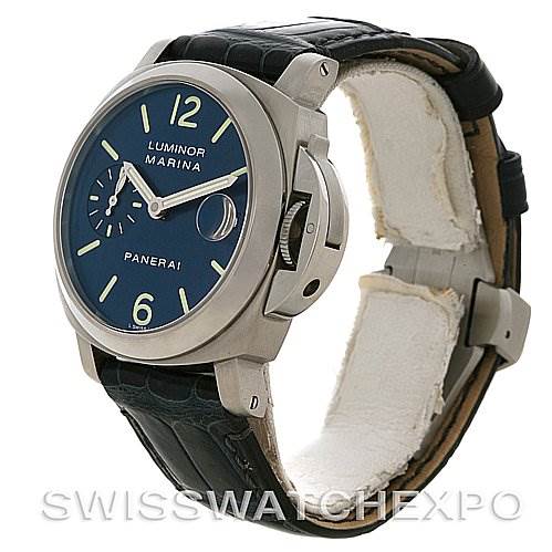 The image shows a Panerai Luminor PAM 119 OR PAM119 OR Men's Stainless Steel Blue Dial PAM 119 OR PAM119 OR Men's Stainless Steel Blue Dial Marina watch at a three-quarter angle, highlighting the dial, crown guard, and leather strap.