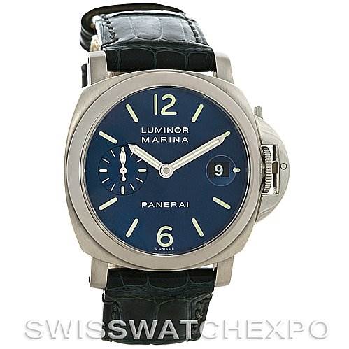 The image shows a frontal view of a Panerai Luminor PAM 119 OR PAM119 OR Men's Stainless Steel Blue Dial PAM 119 OR PAM119 OR Men's Stainless Steel Blue Dial Marina watch with a black leather strap and a blue dial, featuring hour markers, a small seconds sub-dial, and a date window.