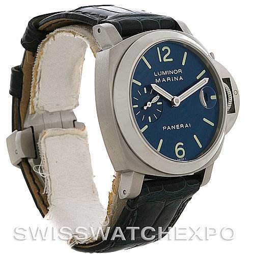 The image shows a Panerai Luminor PAM 119 OR PAM119 OR Men's Stainless Steel Blue Dial PAM 119 OR PAM119 OR Men's Stainless Steel Blue Dial Marina watch at an angle displaying the face, crown guard, side view of the case, and leather strap.