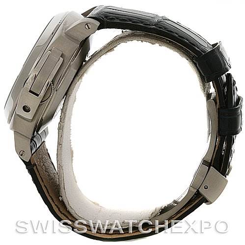 The image shows a side profile of a Panerai Luminor PAM 119 OR PAM119 OR Men's Stainless Steel Blue Dial PAM 119 OR PAM119 OR Men's Stainless Steel Blue Dial watch, focusing on the case, crown guard, and the leather strap with its buckle.