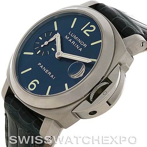 This image shows a side and front angle of a Panerai Luminor PAM 119 OR PAM119 OR Men's Stainless Steel Blue Dial PAM 119 OR PAM119 OR Men's Stainless Steel Blue Dial Marina watch, featuring its case, dial, and crown guard.