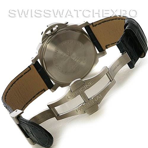 The image shows the back view of a Panerai Luminor PAM 119 OR PAM119 OR Men's Stainless Steel Blue Dial PAM 119 OR PAM119 OR Men's Stainless Steel Blue Dial watch, highlighting its clasp and leather strap.