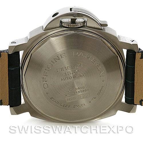 The image shows the back case of a Panerai Luminor PAM 119 OR PAM119 OR Men's Stainless Steel Blue Dial PAM 119 OR PAM119 OR Men's Stainless Steel Blue Dial watch, highlighting the engravings and the strap attachment points.
