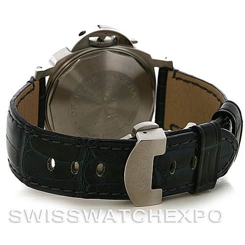 The image shows the back and strap of a Panerai Luminor PAM 119 OR PAM119 OR Men's Stainless Steel Blue Dial PAM 119 OR PAM119 OR Men's Stainless Steel Blue Dial watch from an angled rear view.
