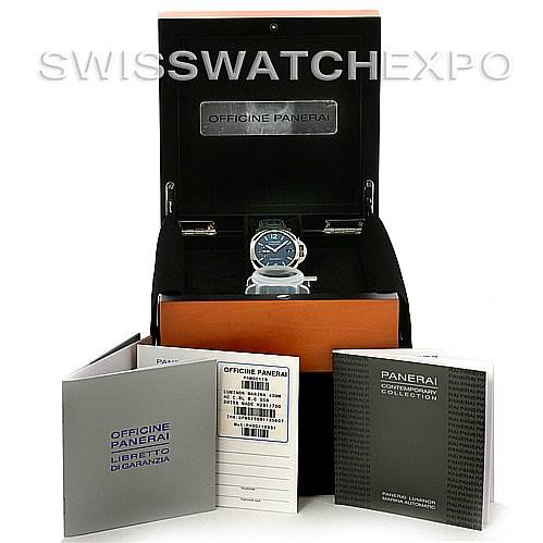 The image shows a Panerai Luminor PAM 119 OR PAM119 OR Men's Stainless Steel Blue Dial PAM 119 OR PAM119 OR Men's Stainless Steel Blue Dial watch in its box, along with accompanying warranty and instruction booklets.