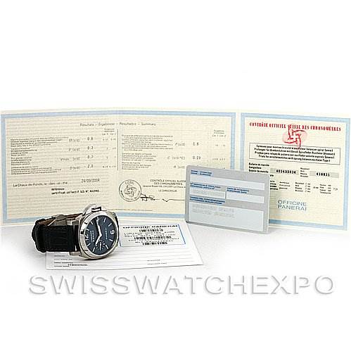 The image shows a Panerai Luminor PAM 119 OR PAM119 OR Men's Stainless Steel Blue Dial PAM 119 OR PAM119 OR Men's Stainless Steel Blue Dial watch lying flat with its accessories, including documents and warranty cards, prominently displayed.