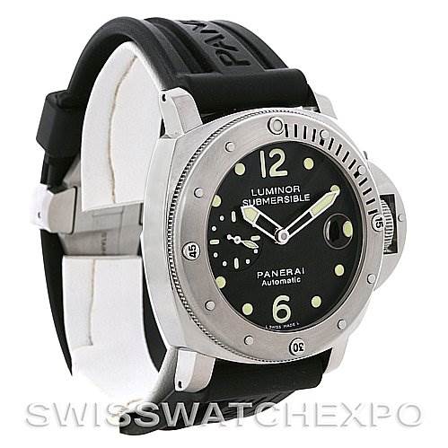 The image shows a Panerai Luminor Submersible watch at an angled front view, highlighting the dial, bezel, and black strap.