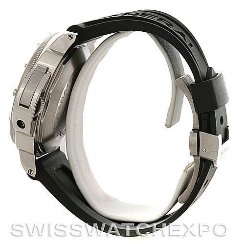 The image shows a side view of the Panerai Submersible PAM00024 Men's Stainless Steel Black Dial PAM00024 Men's Stainless Steel Black Dial watch, highlighting its case, crown guard, and black rubber strap.