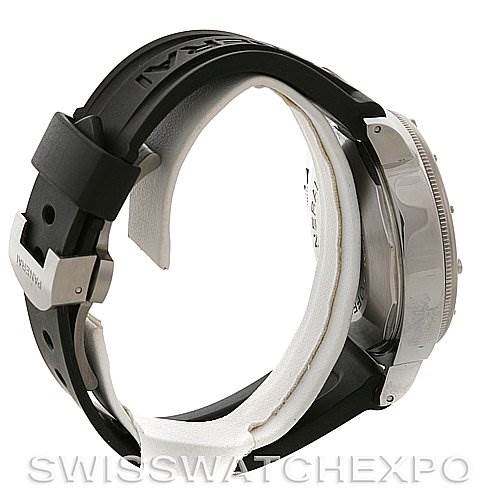 This image shows a side angle of the Panerai Submersible PAM00024 Men's Stainless Steel Black Dial PAM00024 Men's Stainless Steel Black Dial watch, highlighting its case, bezel, crown, and black rubber strap.