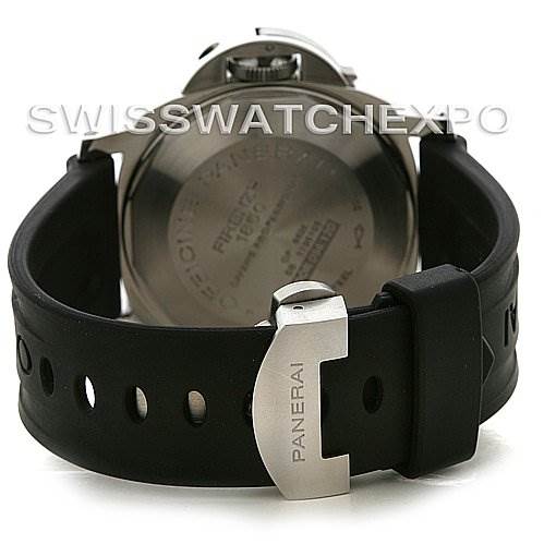 The image shows the back of a Panerai Submersible PAM00024 Men's Stainless Steel Black Dial PAM00024 Men's Stainless Steel Black Dial watch, highlighting its case back, rubber strap, and buckle.