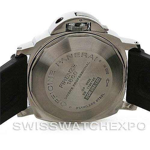 The image shows the back case of a Panerai Submersible PAM00024 Men's Stainless Steel Black Dial PAM00024 Men's Stainless Steel Black Dial watch with an engraved stainless steel surface.