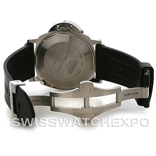 The image shows the back view and clasp of the Panerai Submersible PAM00024 Men's Stainless Steel Black Dial PAM00024 Men's Stainless Steel Black Dial watch, highlighting the stainless steel clasp and rubber strap.
