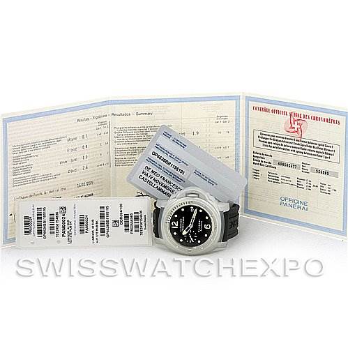 The image shows a Panerai Submersible PAM00024 Men's Stainless Steel Black Dial PAM00024 Men's Stainless Steel Black Dial watch along with its documentation and tags, viewed from the front.