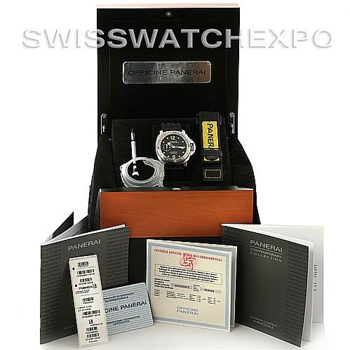 The image shows a Panerai Submersible PAM00024 Men's Stainless Steel Black Dial PAM00024 Men's Stainless Steel Black Dial watch with its box, additional strap, tools, and documentation from a top-down angle.