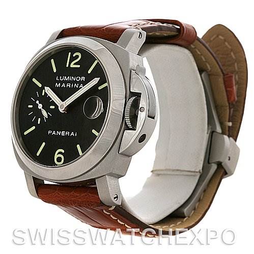 This image shows a Panerai Luminor PAM00048 Men
s Stainless Steel Black Dial PAM00048 Men
s Stainless Steel Black Dial Marina watch at an oblique angle, featuring its face, side crown guard, and leather strap.