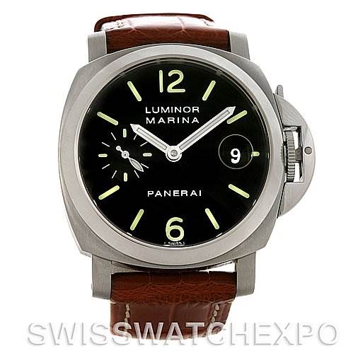 This image shows a front view of a Panerai Luminor PAM00048 Men
s Stainless Steel Black Dial PAM00048 Men
s Stainless Steel Black Dial watch with a brown leather strap and a black dial, displayed by Swiss Watch Expo.