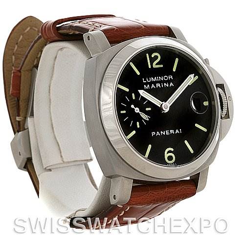 The image shows a Panerai Luminor PAM00048 Men
s Stainless Steel Black Dial PAM00048 Men
s Stainless Steel Black Dial Marina watch with a dark dial, luminous markers, and a brown leather strap viewed at three-quarters angle.