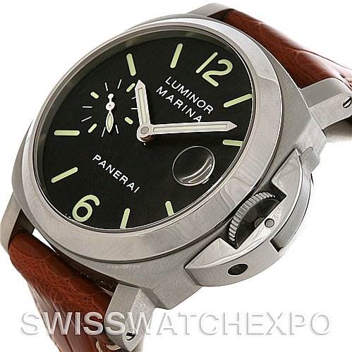 The image shows a close-up of a Panerai Luminor PAM00048 Men
s Stainless Steel Black Dial PAM00048 Men
s Stainless Steel Black Dial Marina watch from an oblique angle, highlighting the face, hands, and crown guard.