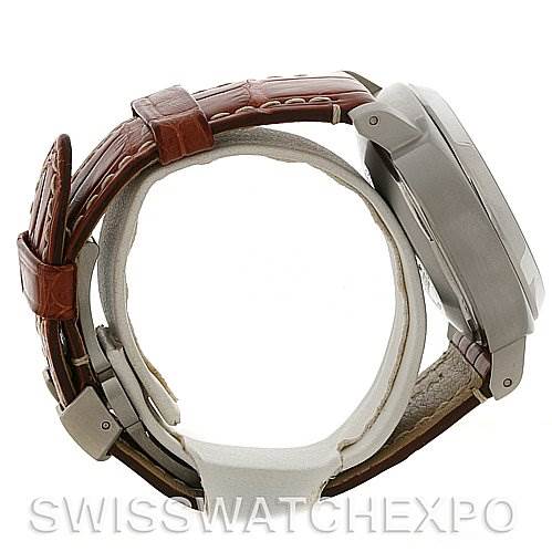 This image shows a side view of the Panerai Luminor PAM00048 Men
s Stainless Steel Black Dial PAM00048 Men
s Stainless Steel Black Dial watch with brown leather straps.