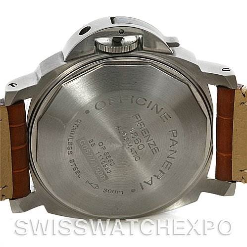 The image shows the back case of a Panerai Luminor PAM00048 Men
s Stainless Steel Black Dial PAM00048 Men
s Stainless Steel Black Dial watch, highlighting the engravings and the leather straps.