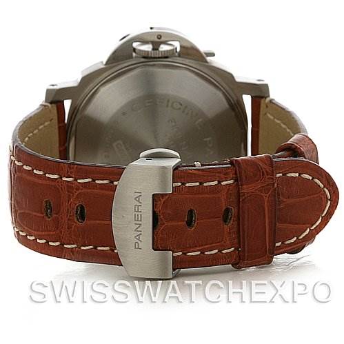 The image shows the back angle of the Panerai Luminor PAM00048 Men
s Stainless Steel Black Dial PAM00048 Men
s Stainless Steel Black Dial watch, highlighting its case back and brown leather strap with buckle.