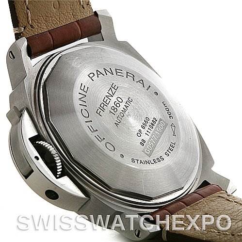 The image shows the rear casing of the Panerai Luminor PAM00048 Men
s Stainless Steel Black Dial PAM00048 Men
s Stainless Steel Black Dial watch, displaying the brand
s engraving and a partial view of the leather strap.