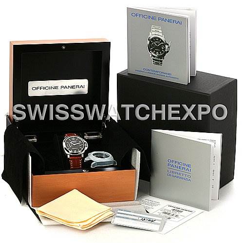 The image shows a Panerai Luminor PAM00048 Men
s Stainless Steel Black Dial PAM00048 Men
s Stainless Steel Black Dial watch in its box, accompanied by manuals, a warranty card, cloth, and additional packaging.