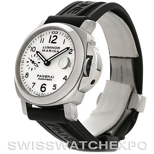 This image shows a Panerai Luminor PAM049 Men's Stainless Steel White Dial PAM049 Men's Stainless Steel White Dial watch at a three-quarter front angle, highlighting the face, bezel, crown guard, and black rubber strap.