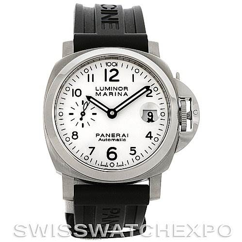This is a front view of a Panerai Luminor PAM049 Men's Stainless Steel White Dial PAM049 Men's Stainless Steel White Dial Marina watch with a white dial and black rubber strap.