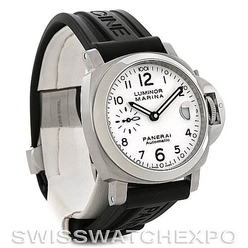 This image shows a front-side view of a Panerai Luminor PAM049 Men's Stainless Steel White Dial PAM049 Men's Stainless Steel White Dial Marina watch with a white dial and black rubber strap.