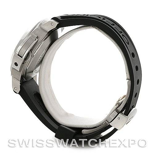 This image shows a side view of a Panerai Luminor PAM049 Men's Stainless Steel White Dial PAM049 Men's Stainless Steel White Dial watch, highlighting its case, crown guard, and black rubber strap.