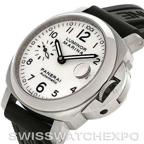 The image shows a Panerai Luminor PAM049 Men's Stainless Steel White Dial PAM049 Men's Stainless Steel White Dial Marina watch at a slight angle, highlighting the dial, crown guard, and part of the black strap.