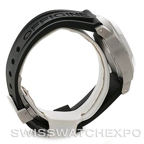 The Panerai Luminor PAM049 Men's Stainless Steel White Dial PAM049 Men's Stainless Steel White Dial watch is shown from a side angle, highlighting the case, crown, and rubber strap with "Officine" engraving.