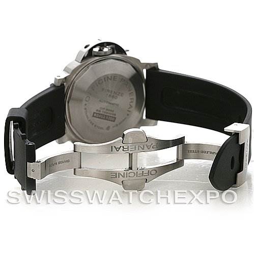 This image shows the backside and deployment clasp of a Panerai Luminor PAM049 Men's Stainless Steel White Dial PAM049 Men's Stainless Steel White Dial watch, highlighting the rubber strap and stainless steel components.