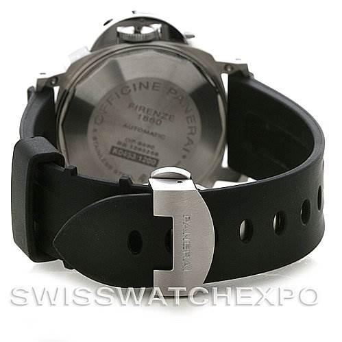 This image shows the back view of a Panerai Luminor PAM049 Men's Stainless Steel White Dial PAM049 Men's Stainless Steel White Dial watch, focusing on the case back and the rubber strap with the clasp.