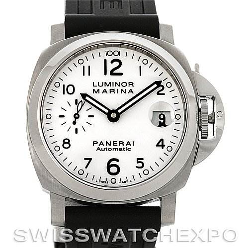 The image shows a front view of the Panerai Luminor PAM049 Men's Stainless Steel White Dial PAM049 Men's Stainless Steel White Dial Marina watch, highlighting its white dial, black strap, crown guard, and date window.